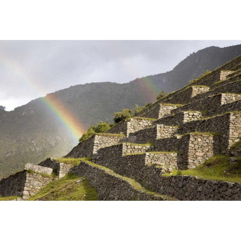 Peru, Machu Picchu Rainbows over the terraces Black Modern Wood Framed Art Print with Double Matting by Kaveney, Wendy