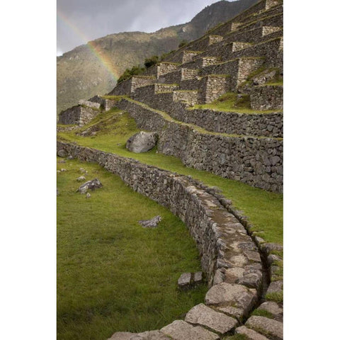 Rainbows over the terraces, Machu Picchu, Peru Black Modern Wood Framed Art Print by Kaveney, Wendy