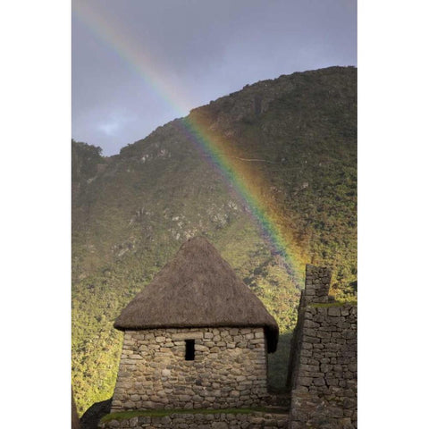 Rainbow over hut at sunset, Machu Picchu, Peru White Modern Wood Framed Art Print by Kaveney, Wendy