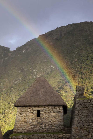 Rainbow over hut at sunset, Machu Picchu, Peru White Modern Wood Framed Art Print with Double Matting by Kaveney, Wendy
