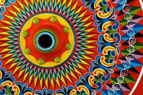 Colorfully painted wagon wheel-Costa Rica White Modern Wood Framed Art Print with Double Matting by Jones, Adam