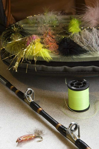 AK, Lake Clark NP Fly fishing equipment White Modern Wood Framed Art Print with Double Matting by Kaveney, Wendy