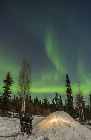 AK A quinzee snow shelter and aurora borealis White Modern Wood Framed Art Print with Double Matting by Illg, Cathy and Gordon