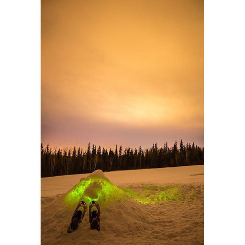 Alaska-Fairbanks Quinzhee snow hut with snowshoes and poles White Modern Wood Framed Art Print by Jaynes Gallery