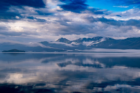 Usa-Alaska Clouds and mountains reflect in the calm waters of Endicott Arm Black Ornate Wood Framed Art Print with Double Matting by Sederquist, Betty