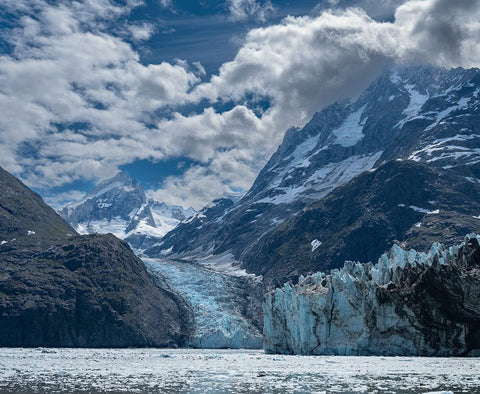 High mountains surrounding Johns Hopkins Inlet generate numerous glaciers. Black Modern Wood Framed Art Print by Sederquist, Betty