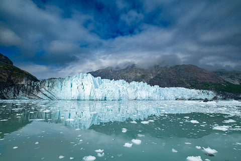 Margerie Glacier reflected in this calm water view. Black Ornate Wood Framed Art Print with Double Matting by Sederquist, Betty