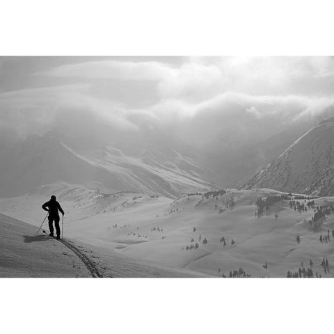 Backcountry Skier Standing On A Ridge In Turnagain Pass, Southcentral, Alaska (Mr) White Modern Wood Framed Art Print by Design Pics
