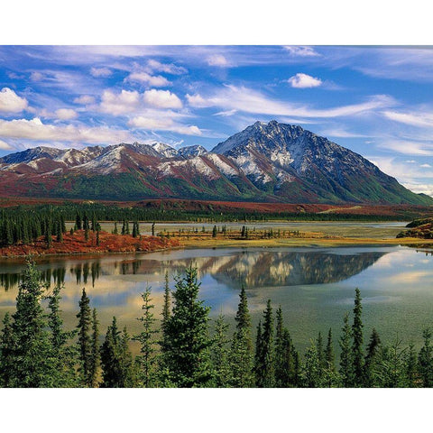 Mountain landscape and reflection-fall foliage-Denali Highway near Anchorage Gold Ornate Wood Framed Art Print with Double Matting by Garber, Howie