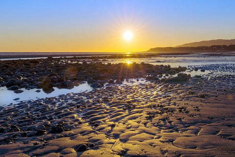 Alaska- Homer Spit. A sunset landscape over tide pools. White Modern Wood Framed Art Print with Double Matting by Muir, Janet