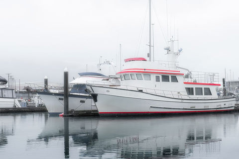 Alaska- Valdez. Two fishing boat in a foggy marina. White Modern Wood Framed Art Print with Double Matting by Muir, Janet