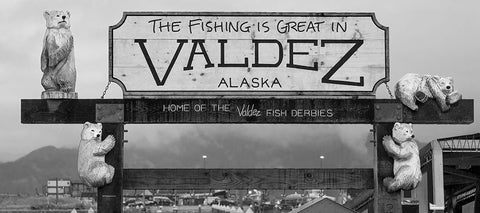 Alaska- Valdez. Marina sign. Black Ornate Wood Framed Art Print with Double Matting by Muir, Janet