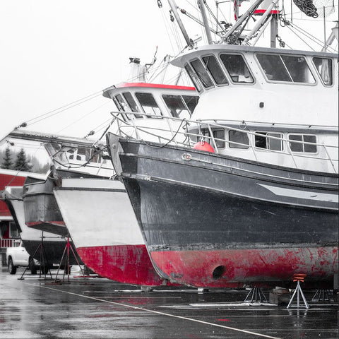 Alaska- Valdez. Fishing boats on dry dock. Artistic rendering. White Modern Wood Framed Art Print with Double Matting by Muir, Janet