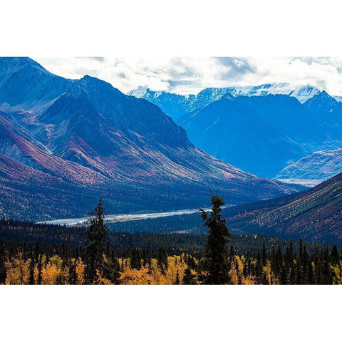 Chugach Mountains-Glenn Highway-Alaska-river-autumn color-tundra Black Modern Wood Framed Art Print by Sienda, Jolly