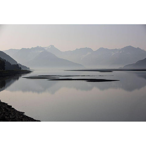 Cook Inlet-Alaska-waterway-curve-mountains-black and white Black Modern Wood Framed Art Print with Double Matting by Sienda, Jolly