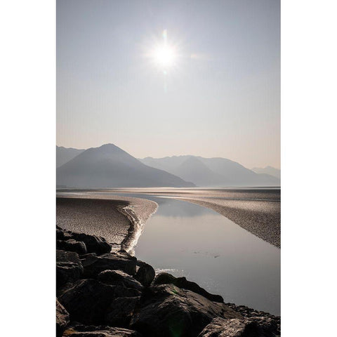 Cook Inlet-Alaska-curved stream-mountains-black and white-sunburst Black Modern Wood Framed Art Print by Sienda, Jolly