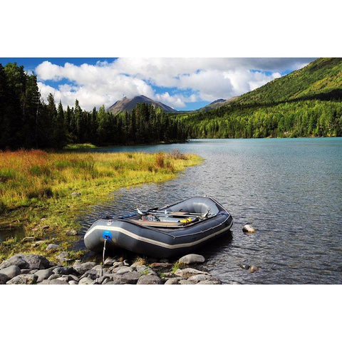 Moored Dingy on Kenai Lake, Kenai Peninsula, Alaska, USA Black Modern Wood Framed Art Print by Hersen, Michel