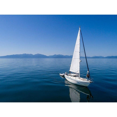 Alaska-Aerial view of Gulf 32 pilothouse boat motoring and sailing in calm waters of Frederick Sound Black Modern Wood Framed Art Print by Souders, Paul