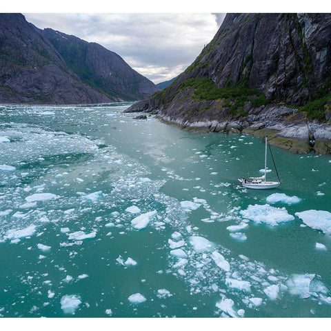 Alaska-Aerial view S/V Abuelos motoring among icebergs floating near calving face of LeConte Glacier Black Modern Wood Framed Art Print by Souders, Paul
