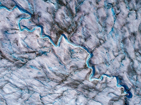 Alaska-Tracy Arm-meltwater streams and ponds on crevassed surface of Sawyer Glacier in Tracy Arm White Modern Wood Framed Art Print with Double Matting by Souders, Paul