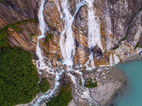 Alaska-Tracy Arm-Fords Terror Wilderness-Waterfall flowing down cliff side along Endicott Arm White Modern Wood Framed Art Print with Double Matting by Souders, Paul