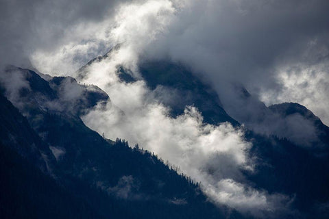 Alaska-Tracy Arm-Fords Terror Wilderness-Morning sun lights mist swirling in mountains White Modern Wood Framed Art Print with Double Matting by Souders, Paul