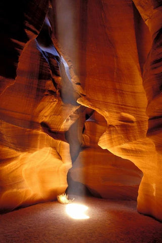 AZ, Page, Sun beam shines onto Antelope canyon White Modern Wood Framed Art Print with Double Matting by Kirkland, Dennis