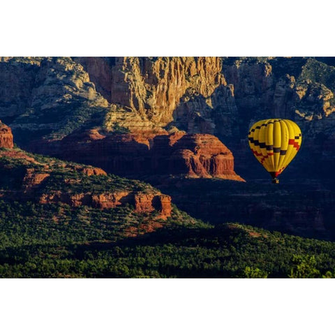 AZ, Hot-air balloon over Red Rocks SP at sunset White Modern Wood Framed Art Print by OBrien, Jay