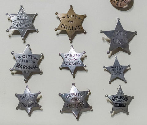 Arizona-Scottsdale Close-up of law enforcement badges from wild west  White Modern Wood Framed Art Print with Double Matting by Jaynes Gallery