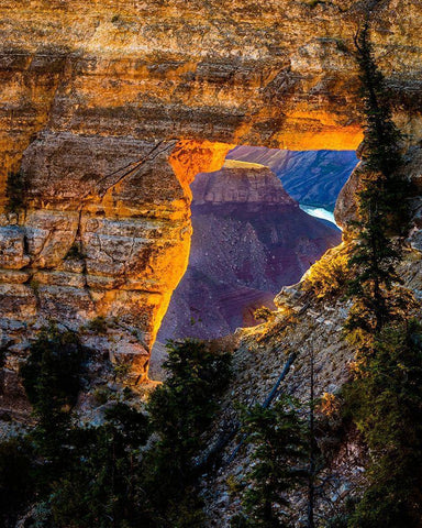 Arizona-Grand Canyon National Park View through hole in canyon wall at sunrise  White Modern Wood Framed Art Print with Double Matting by Jaynes Gallery