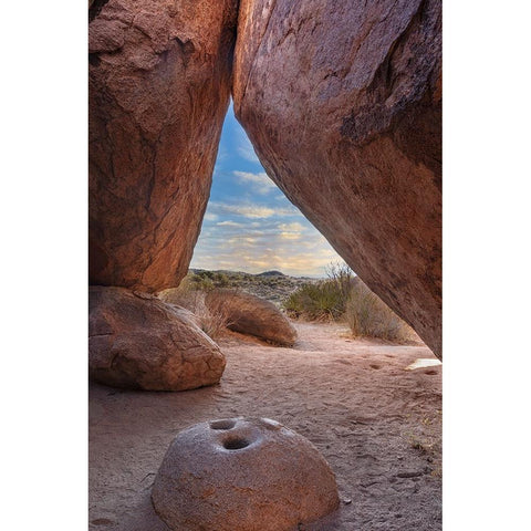 Ancient Native American mortar grinding stone in rock shelter at Council Rocks in the Dragoon Mount Black Modern Wood Framed Art Print by Haney, Chuck