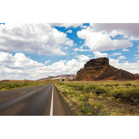 Navajo Nation-Arizona Back road past a butte White Modern Wood Framed Art Print by McRoberts, Julien