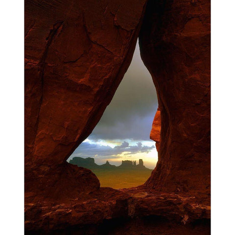 Teardrop arch frames the Monument Valley rock formations on the Utah-Arizona border Black Modern Wood Framed Art Print by SMO