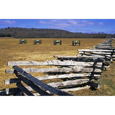 Arkansas Split-rail fence and Civil War cannons White Modern Wood Framed Art Print by Flaherty, Dennis