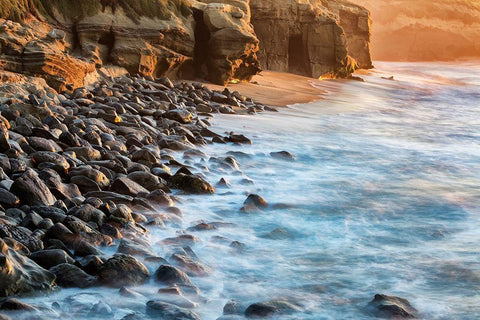 California-La Jolla-Boomer Beach shoreline White Modern Wood Framed Art Print with Double Matting by Collins, Ann