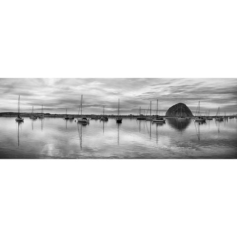 USA-California-Morro Bay Panoramic view of harbor and Morro Rock at dusk White Modern Wood Framed Art Print by Collins, Ann