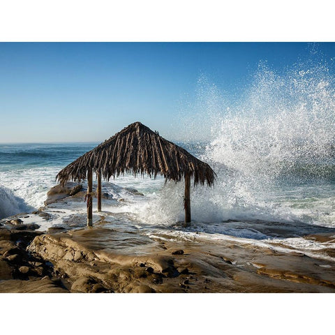 USA-California-La Jolla High surf at high tide inundates Windansea Surf Shack White Modern Wood Framed Art Print by Collins, Ann