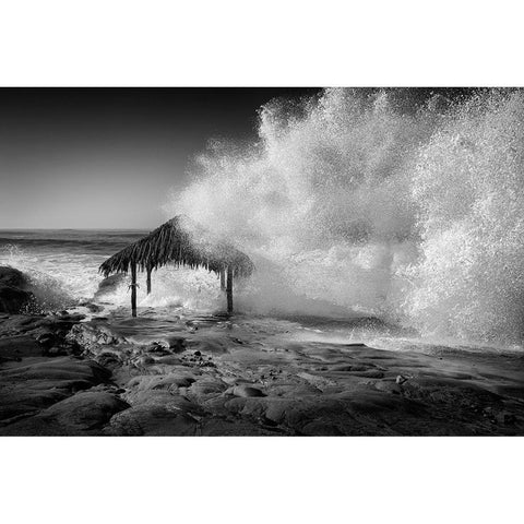 USA-California-La Jolla High surf at high tide inundates Windansea Surf Shack Black Modern Wood Framed Art Print by Collins, Ann