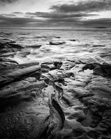 USA-California-La Jolla Dusk and surf at Coast Blvd Park Black Ornate Wood Framed Art Print with Double Matting by Collins, Ann