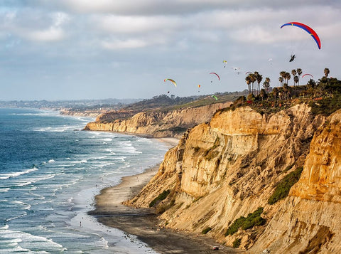 USA-California-La Jolla Paragliders soar over Blacks Beach White Modern Wood Framed Art Print with Double Matting by Collins, Ann