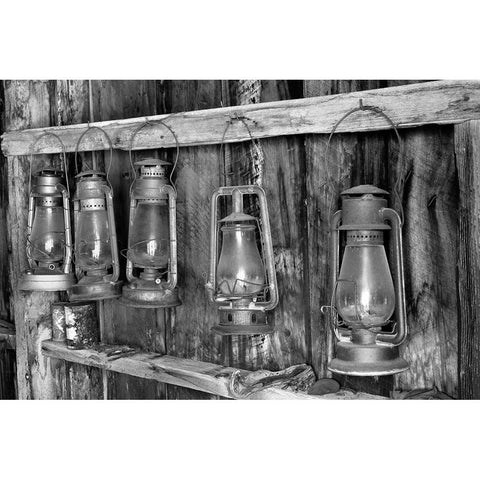 Antique lanterns-Bodie State Historic Park viewed through window-California White Modern Wood Framed Art Print by Jones, Adam