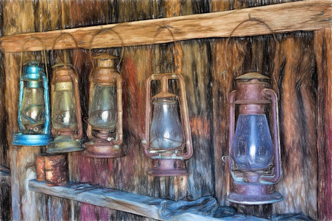 Painting effect on antique lanterns-Bodie State Historic Park viewed through window-California Black Ornate Wood Framed Art Print with Double Matting by Jones, Adam