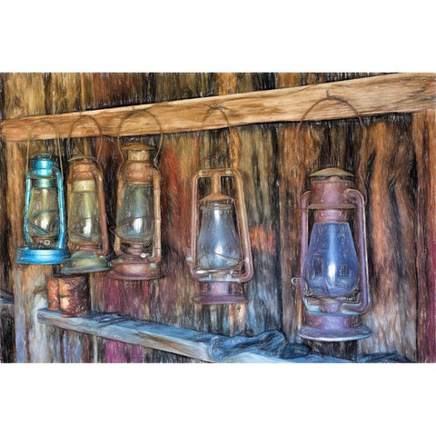 Painting effect on antique lanterns-Bodie State Historic Park viewed through window-California Black Modern Wood Framed Art Print by Jones, Adam
