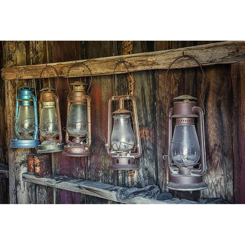 Antique lanterns-Bodie State Historic Park viewed through window-California Gold Ornate Wood Framed Art Print with Double Matting by Jones, Adam