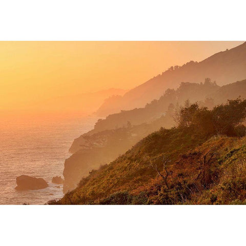 Golden Sunset on Big Sur Coastal Cliffs-California-USA White Modern Wood Framed Art Print by Miller, Anna