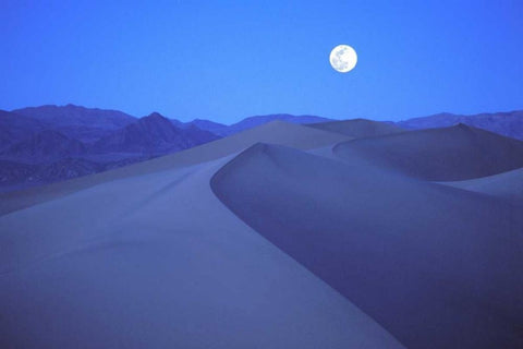 CA, Death Valley NP, Moonrise over sand dunes White Modern Wood Framed Art Print with Double Matting by Kirkland, Dennis