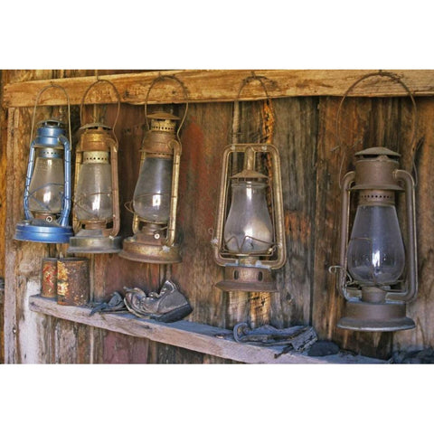 CA, Bodie SP Lanterns inside a General Store White Modern Wood Framed Art Print by Flaherty, Dennis