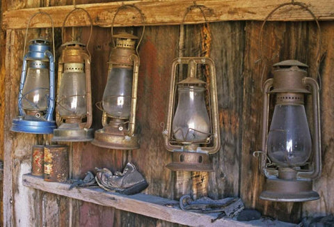 CA, Bodie SP Lanterns inside a General Store White Modern Wood Framed Art Print with Double Matting by Flaherty, Dennis