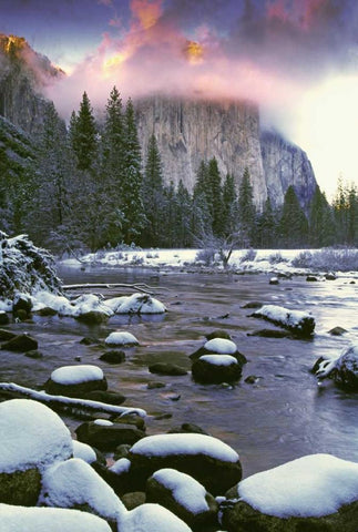 CA, Yosemite Sunlight on clouds over El Capitan Black Ornate Wood Framed Art Print with Double Matting by Flaherty, Dennis