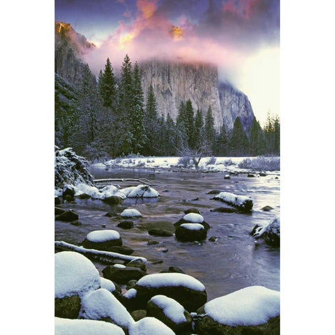 CA, Yosemite Sunlight on clouds over El Capitan White Modern Wood Framed Art Print by Flaherty, Dennis